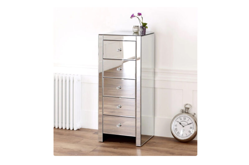 hollywood - glass -mirrored -5- drawer - tallboy -moy - dungannon - ni -roi- uk -homestyle - furnishings